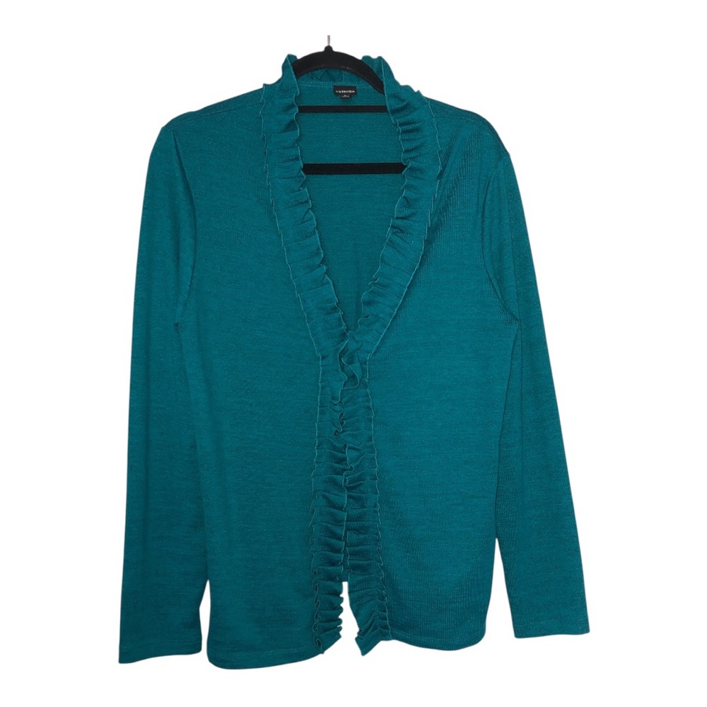 RAFAELLA Teal Ruffled Front Women's Sweater Cardigan One Button Closure Size L